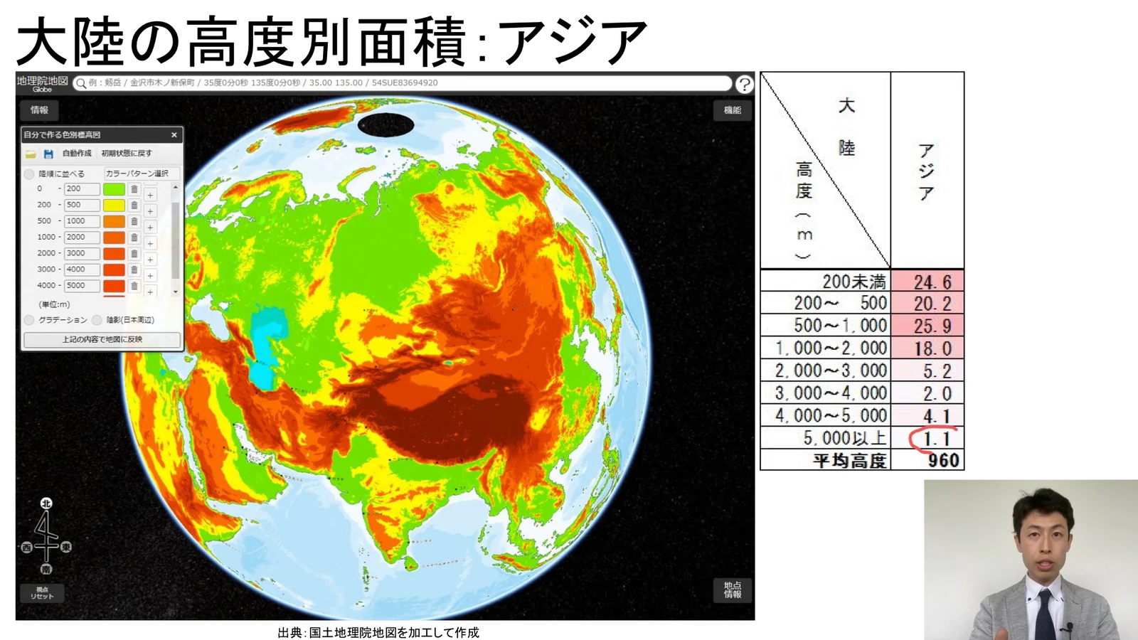 アジアの高度別面積地図を示しながら、両手を大きく広げてヒマラヤ山脈やチベット高原の標高の高さを説明している場面