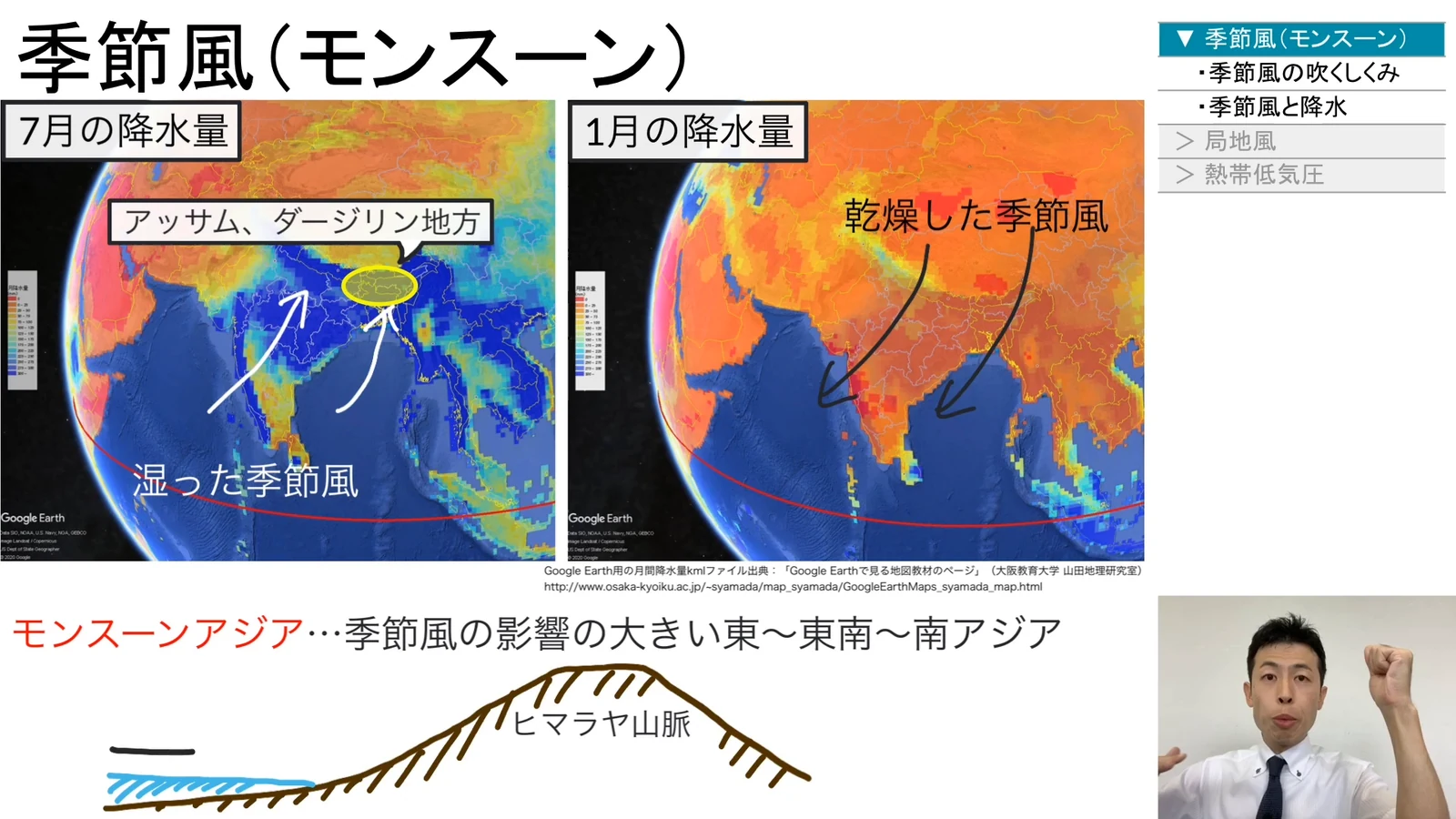 7月と1月の降水量を比較した地球儀の図を示しながら、季節風と降水量の関係を解説している場面