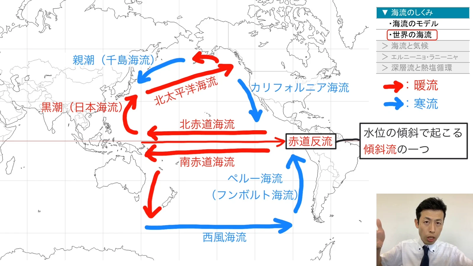 太平洋の海流を赤（暖流）と青（寒流）の矢印で描いた地図を前に、手振りを交えて解説している場面
