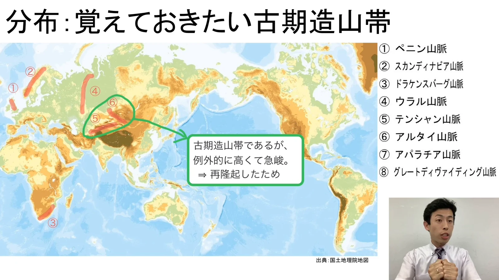 世界地図上の古期造山帯の分布と、覚えておきたい8つの山脈の一覧を示しながら解説している場面