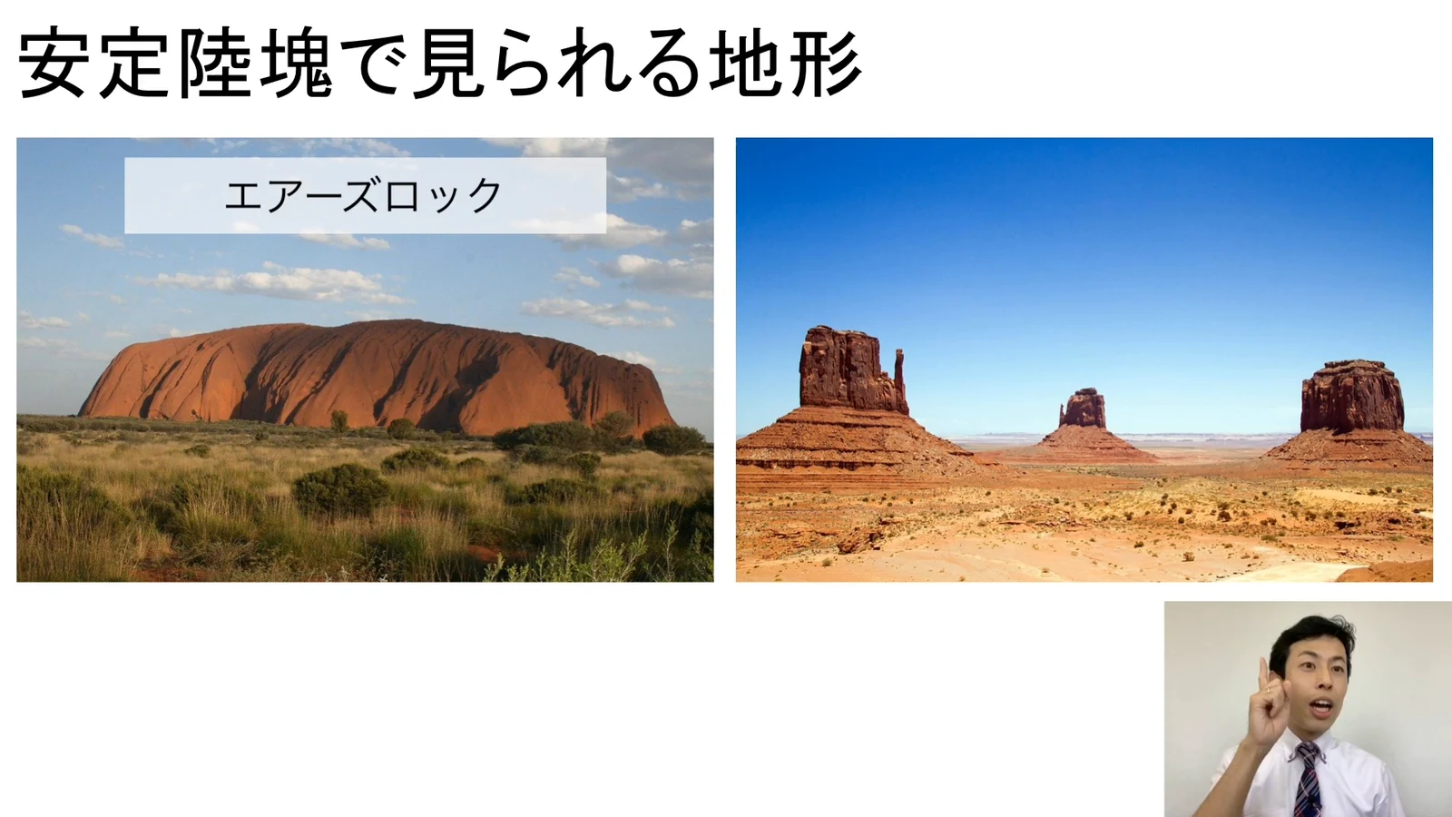 エアーズロックとモニュメントバレーの写真を並べたスライドを示しながら、安定陸塊で見られる特徴的な地形について解説している場面