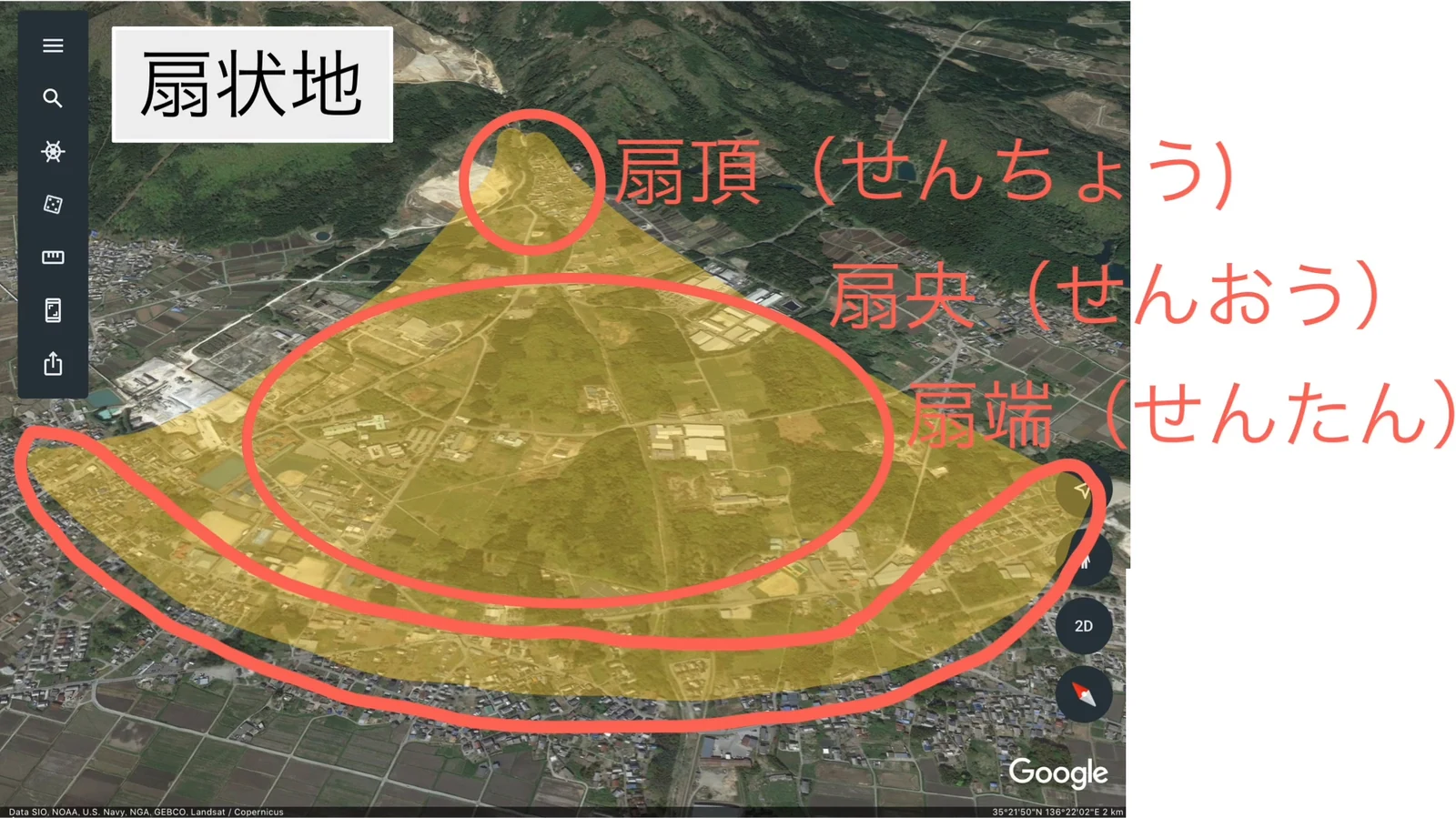 山のふもとに広がる扇状地の航空写真で、扇形の範囲が黄色に塗られ、扇頂・扇央・扇端がそれぞれ赤い線で囲まれている。