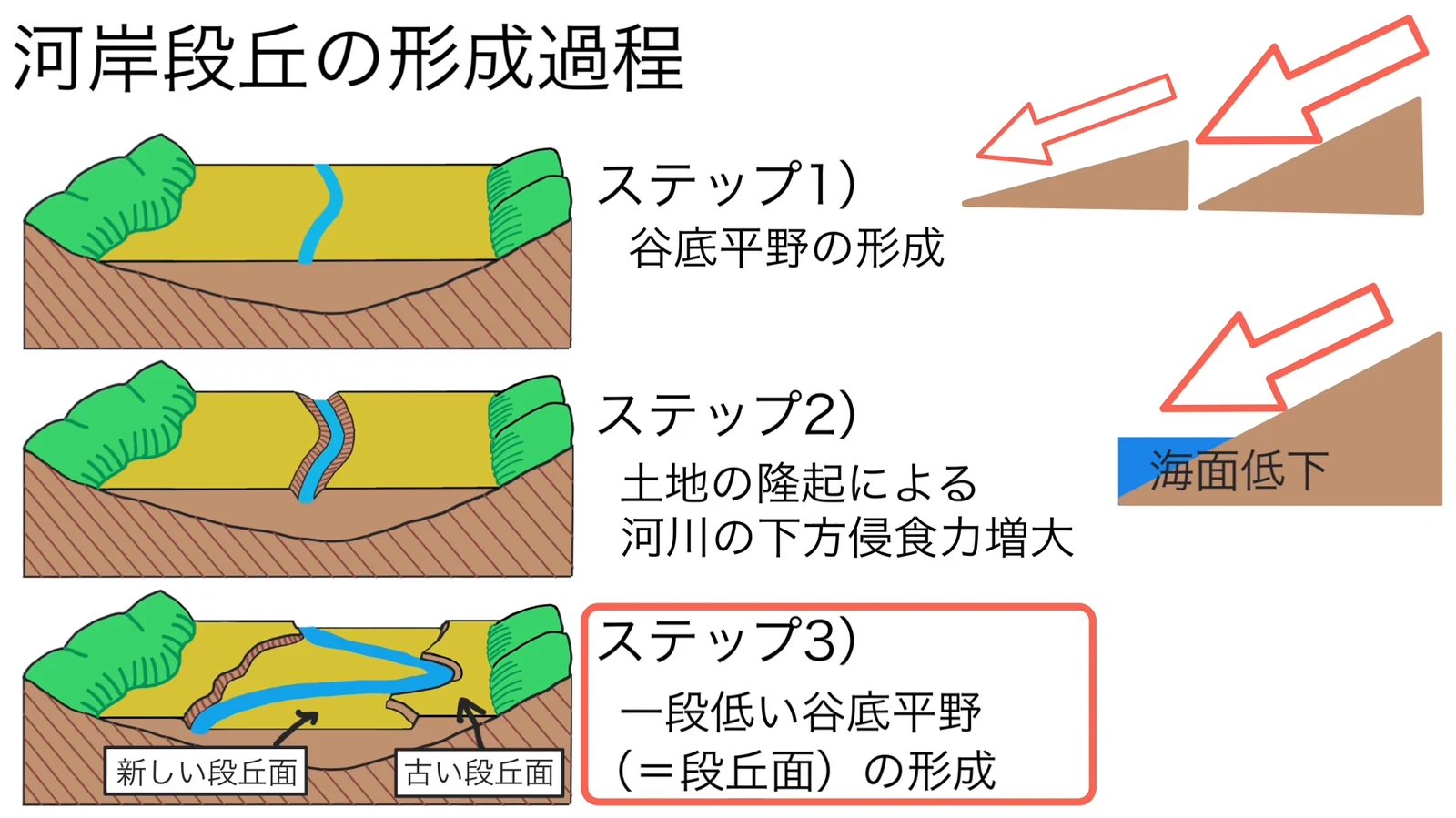 河岸段丘の形成過程を3段で描いた模式図。上から、谷底平野の形成、土地の隆起による河川の下方侵食力の増大、一段低い谷底平野(段丘面)の形成が示されている。右側には傾きが急になると矢印が大きくなる図と、海面低下の図がある。最下段には「新しい段丘面」「古い段丘面」のラベルがある。