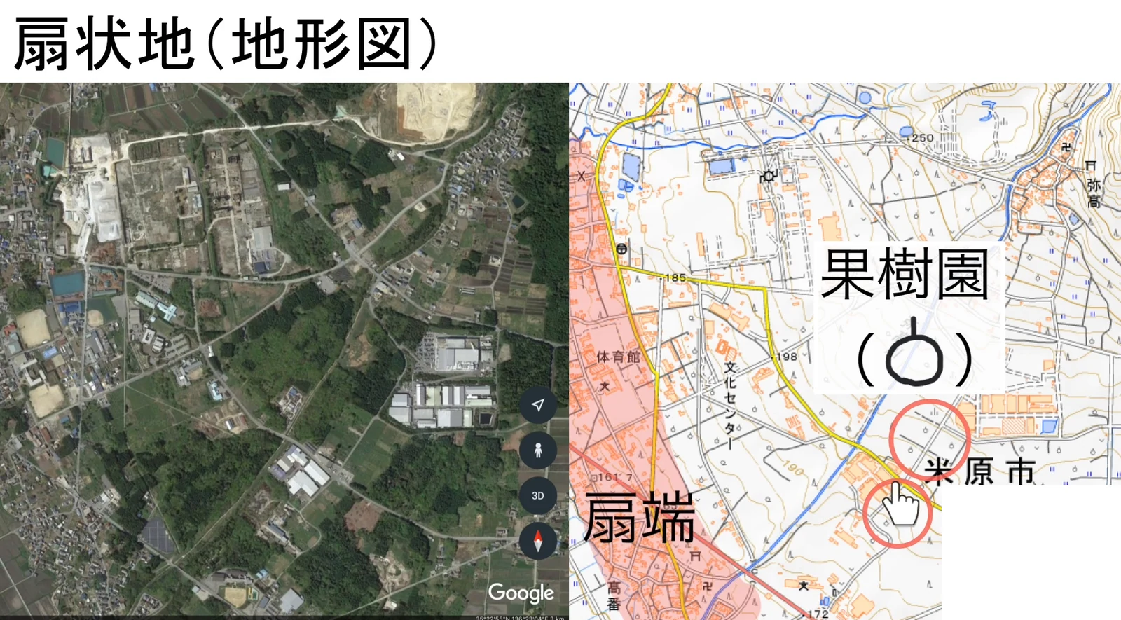 左に扇状地の航空写真、右に同じ場所の地形図を並べ、地形図の中に果樹園の地図記号を拡大して示し、扇端に沿った集落を赤く塗っている。