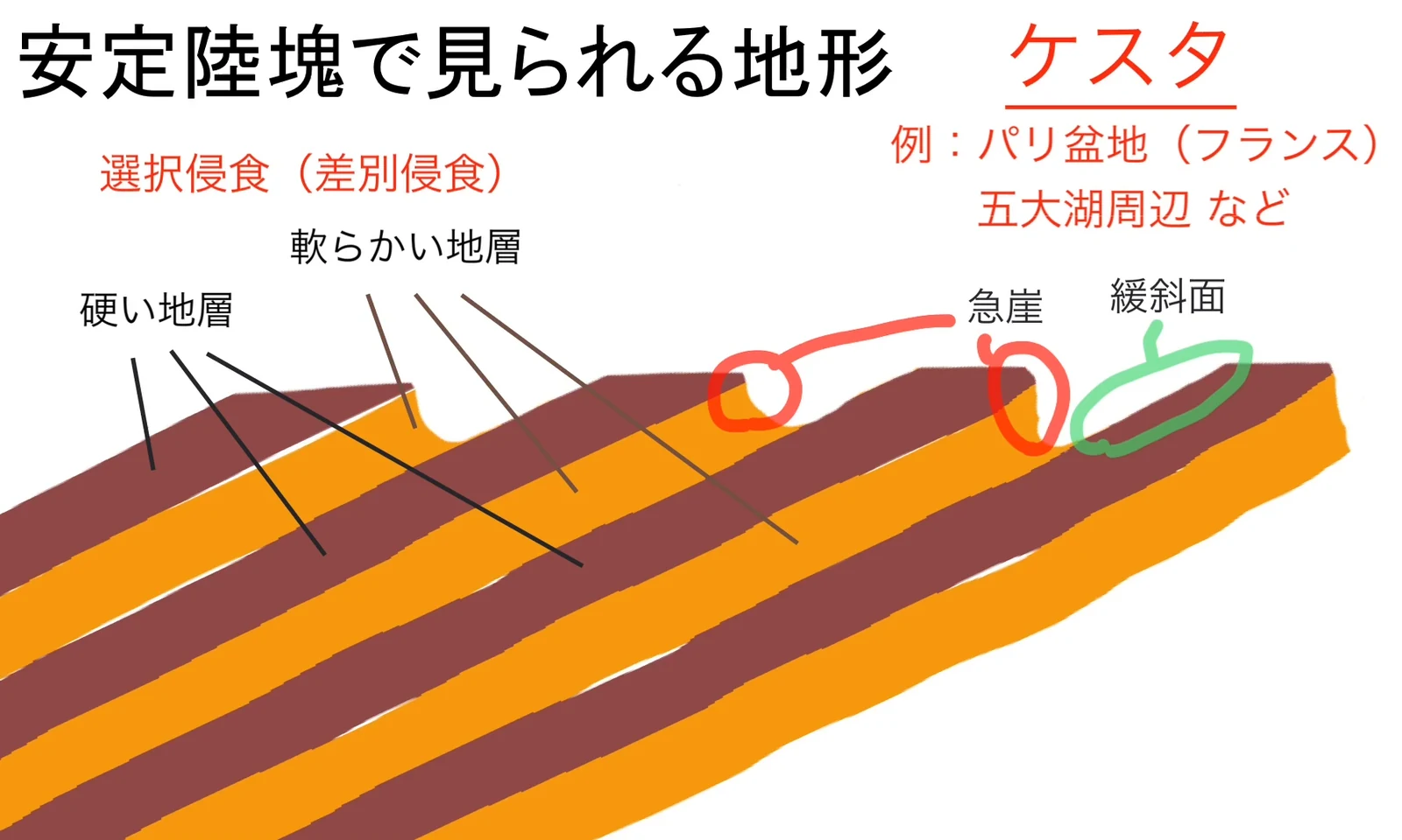 硬い地層と軟らかい地層の重なりが緩やかに傾斜し、軟らかい層が先に削られて段差ができたようすを描いた図。「選択侵食（差別侵食）」「急崖」「緩斜面」のラベルと、右上に「例：パリ盆地（フランス）／五大湖周辺 など」の注記が付く。