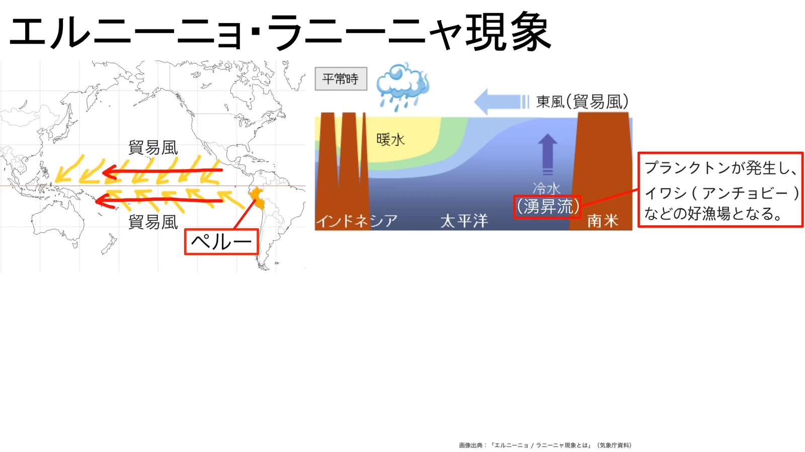 左に太平洋の地図と貿易風の矢印、ペルーの位置が示され、右に平常時の太平洋の東西断面図がある。東風（貿易風）によって暖水が西に寄り、南米側では冷水が湧き上がる「湧昇流」の矢印と、「プランクトンが発生し、イワシ（アンチョビー）などの好漁場となる。」という注記がある。