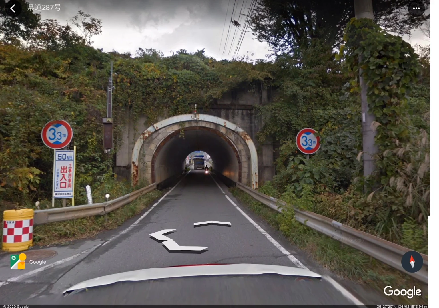 草木に覆われた土手を貫くトンネルの入口を、手前の道路からストリートビューで撮った写真。