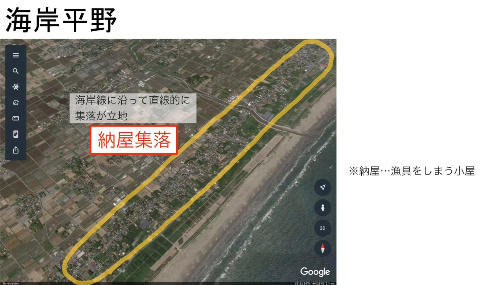 九十九里浜の海岸近くを拡大した衛星画像で、海岸線と平行に細長く並ぶ集落が黄色の線で囲まれ、「納屋集落」の文字と「納屋…漁具をしまう小屋」の注記がある。