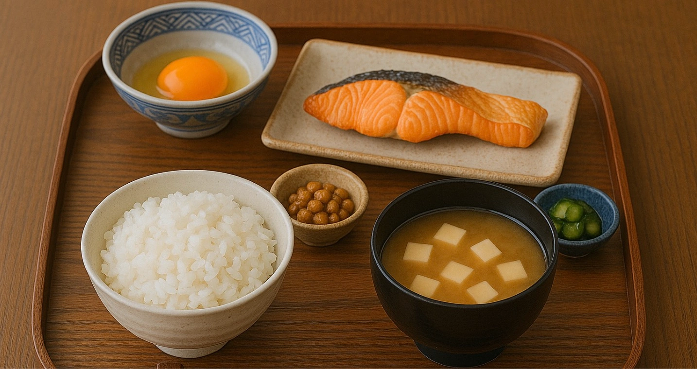 ご飯、味噌汁、納豆、生卵、焼き鮭、漬物が並んだ日本の朝食の写真