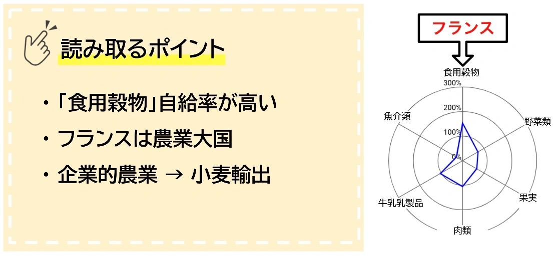 フランスの品目別食料自給率のレーダーチャート。穀物の自給率が約200%と突出しており、企業的農業による小麦輸出が読み取れる