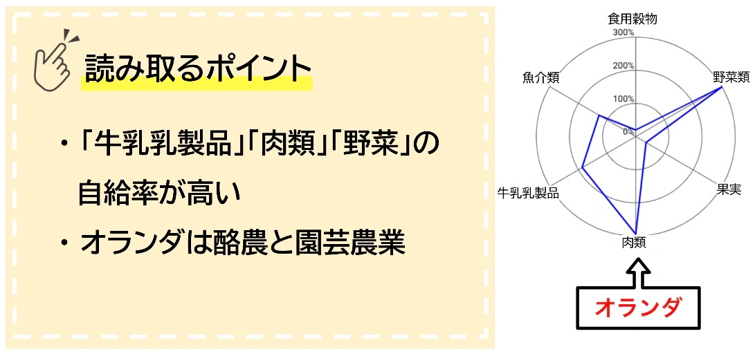 オランダの品目別食料自給率のレーダーチャート。牛乳・乳製品、肉類、野菜の自給率が100%を大きく超え、酪農と園芸農業が盛んなことが読み取れる