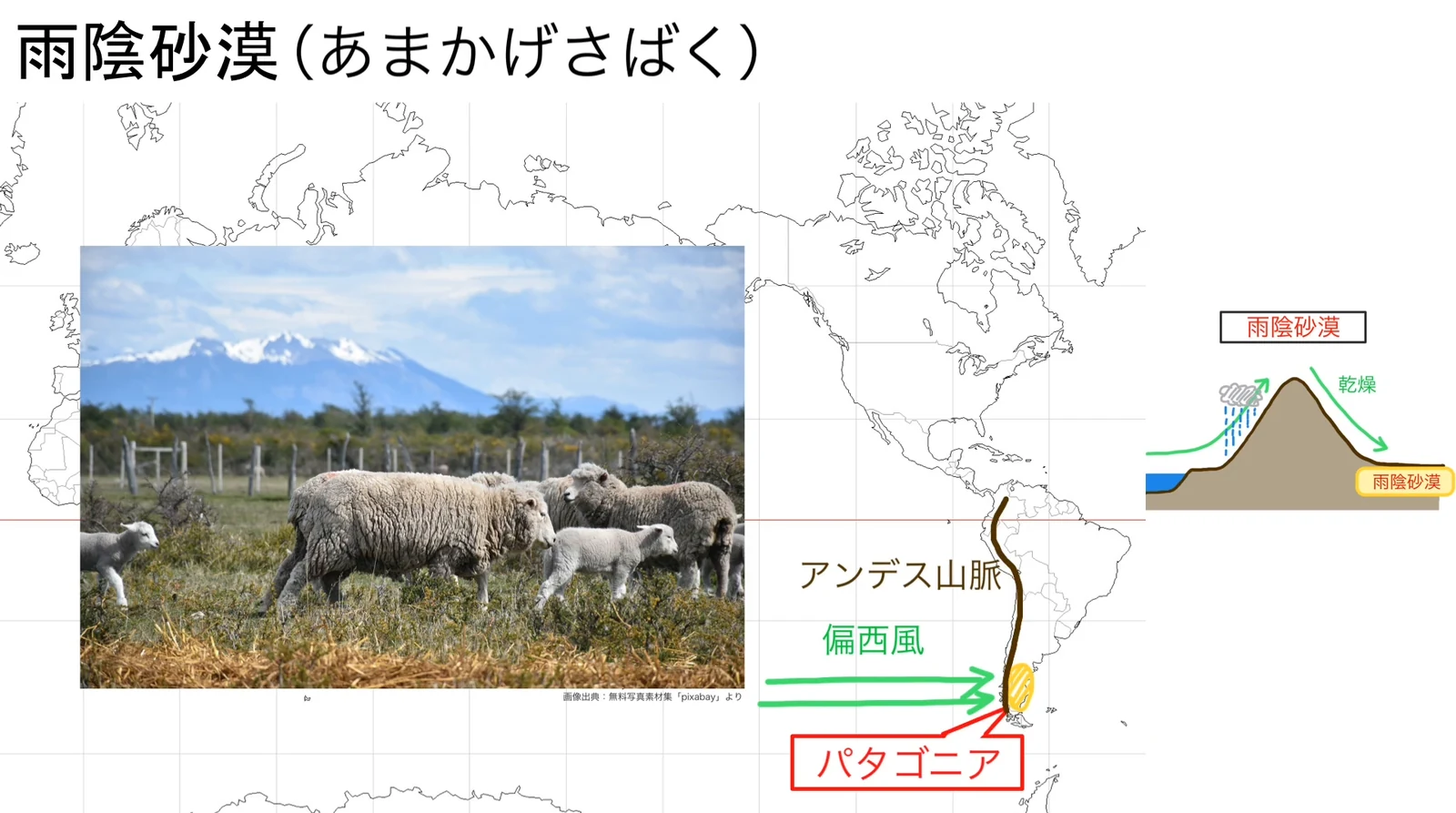 南アメリカ大陸の白地図に、西岸に沿ってのびるアンデス山脈(茶色の線)と、西から吹きつける偏西風(緑の矢印)が描かれ、アンデス山脈の東側、大陸南部の「パタゴニア」が黄色の斜線で示されている。左に、雪をかぶった山を背に草地を歩く羊の群れの写真がある。右端に雨陰砂漠の小さな模式図がある。